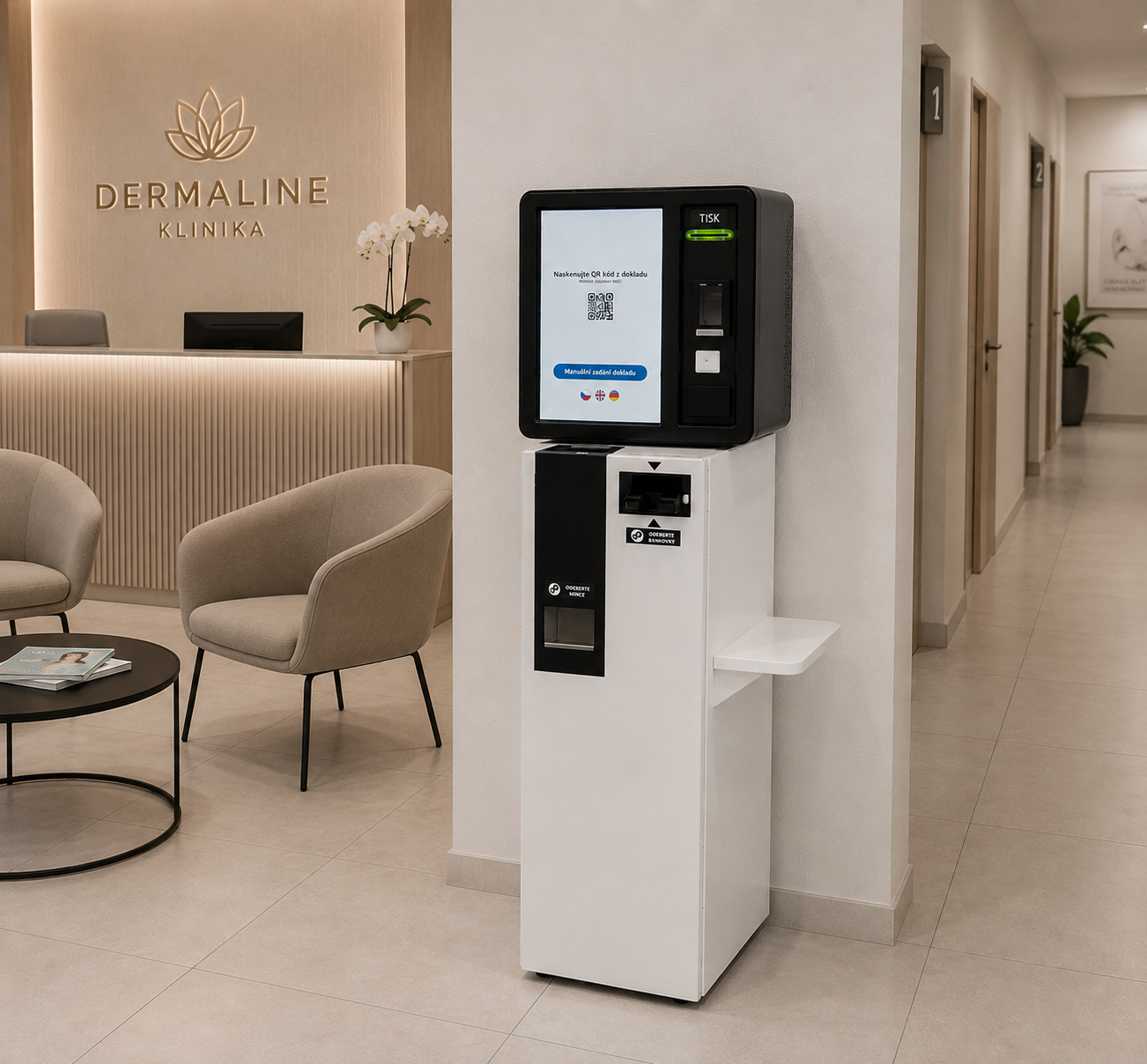 Hotovostní platební automat R400 Self4Pay v recepci kliniky Dermaline