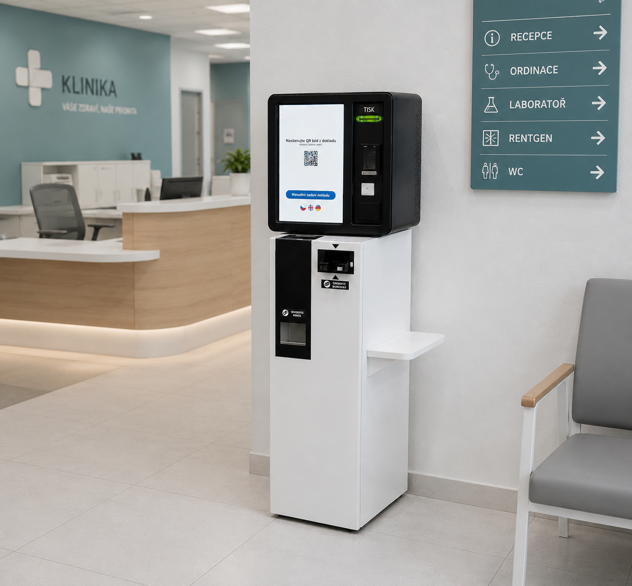 R400 Self4Pay v čekárně kliniky